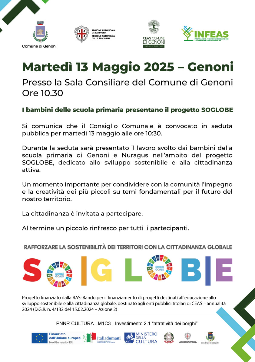 Durante la seduta sarà presentato il lavoro svolto dai bambini della scuola primaria di Genoni e Nuragus nell’ambito del progetto SOGLOBE, dedicato allo sviluppo sostenibile e alla cittadinanza attiva.